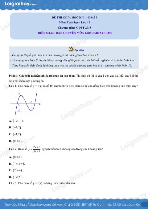 Đề thi giữa kì 1 Toán 12 - Đề số 9
